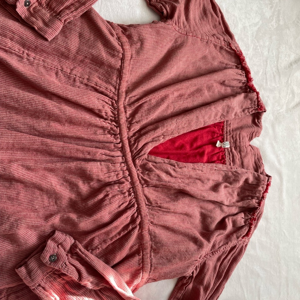 Free People Red & Beige‎ Striped Fringe Hem Beach Boho Cinch Waist Pullover Top - Picture 7 of 7